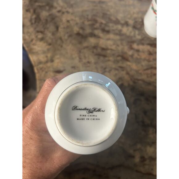 Poinsettia And Ribbons Fine China 6 Christmas Holidays Tea Cups and Creamer - Picture 2 of 15